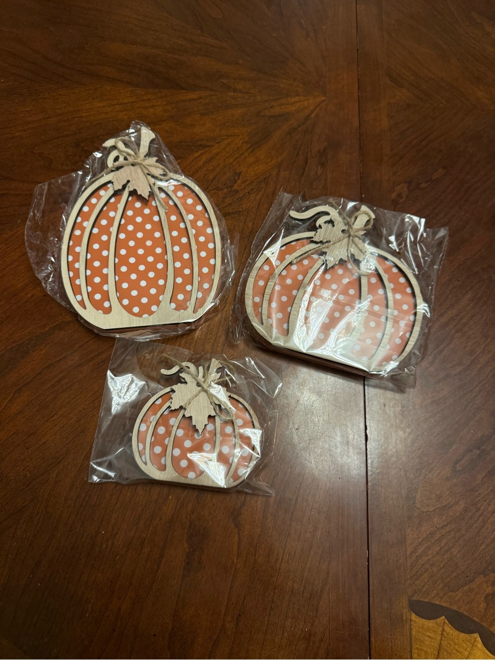 Orange Polka Dot Wooden Pumpkin with Wood Tags - Decorative Fall Party Accents